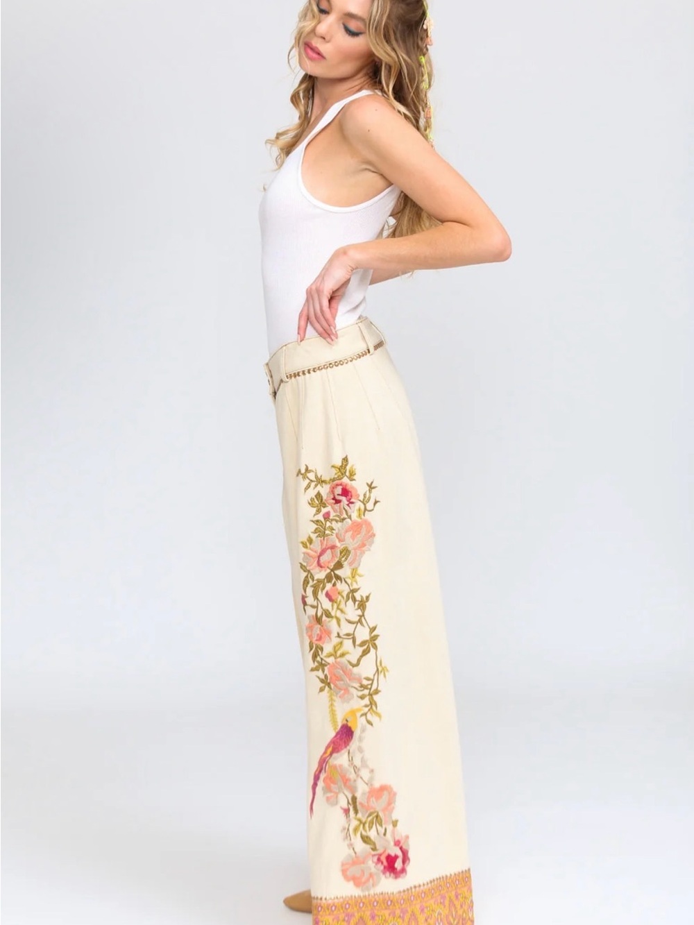 Time To Shine Embroidered Cream Wide-Leg Pants with Floral Trim by Aratta, NWT - Picture 5 of 7